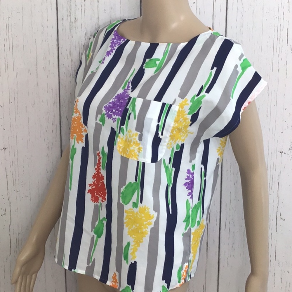 Alice Stuart Floral Print Striped Cap Sleeves Top